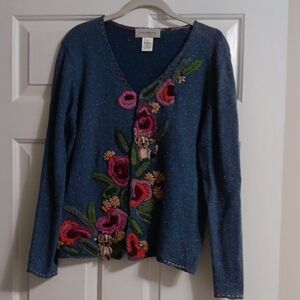 Susan Bristol Blue Cardigan with Floral And Animal Embroidery
